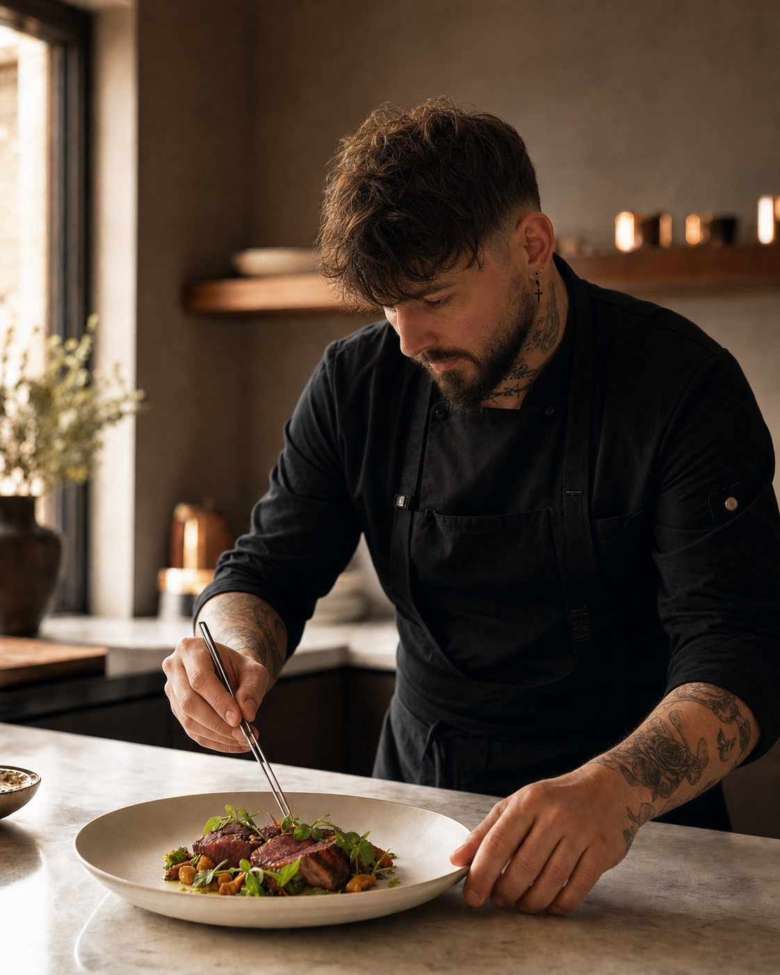 Stjepan carefully plating a private dinner