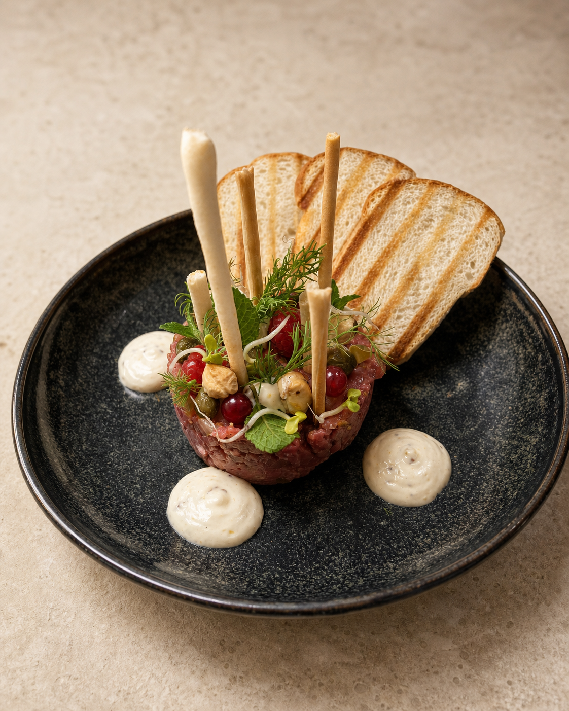 Beef tartare with herbs and toast