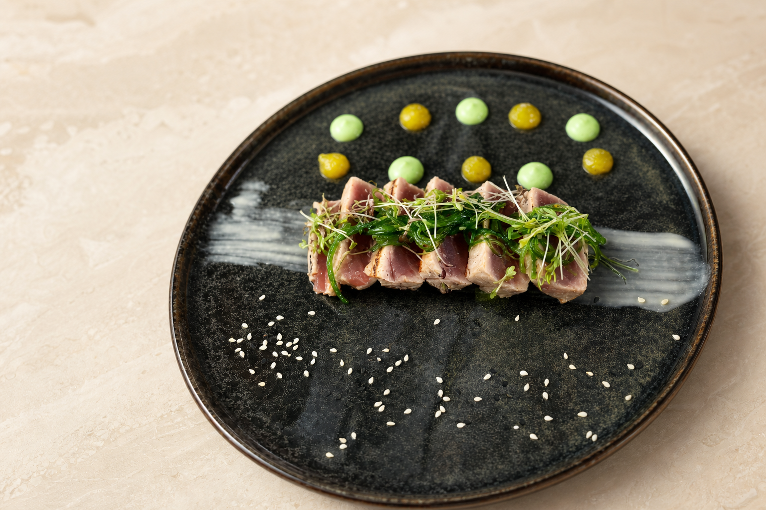 Seared tuna with seaweed and herb sauces